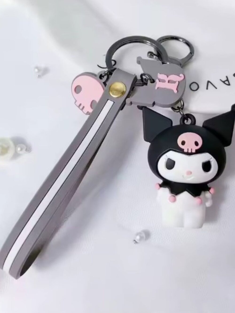 Kuromi Keychain 3D Figure Gray Wrist Strap Pink Skull Bag Charm Kawaii Goth Gift